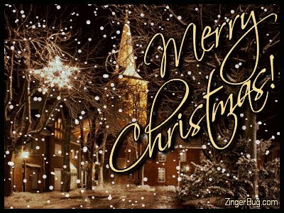 Merry Christmas Church With Falling Snow Glitter Graphic ...